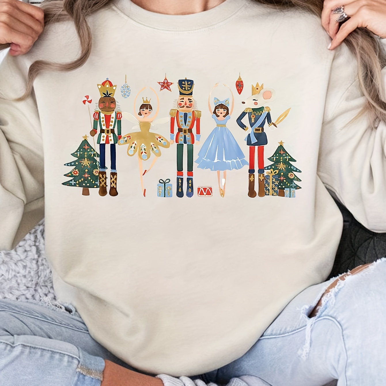 

Saisonnière, Sweatshirt Confortable pour Femme avec Imprimé Ballet de Noël - Pull Décontracté à Manches Longues et Col Rond pour & l'Hiver