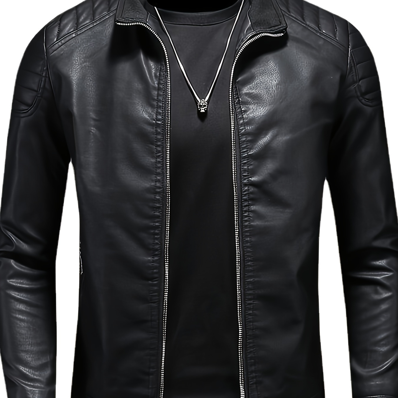 

Men's Casual Leather Biker Jacket - Stand Collar, Zip-up, Long Sleeve, Solid Color With Pockets, Polyester Lining, Non-stretch Fabric, Machine Washable