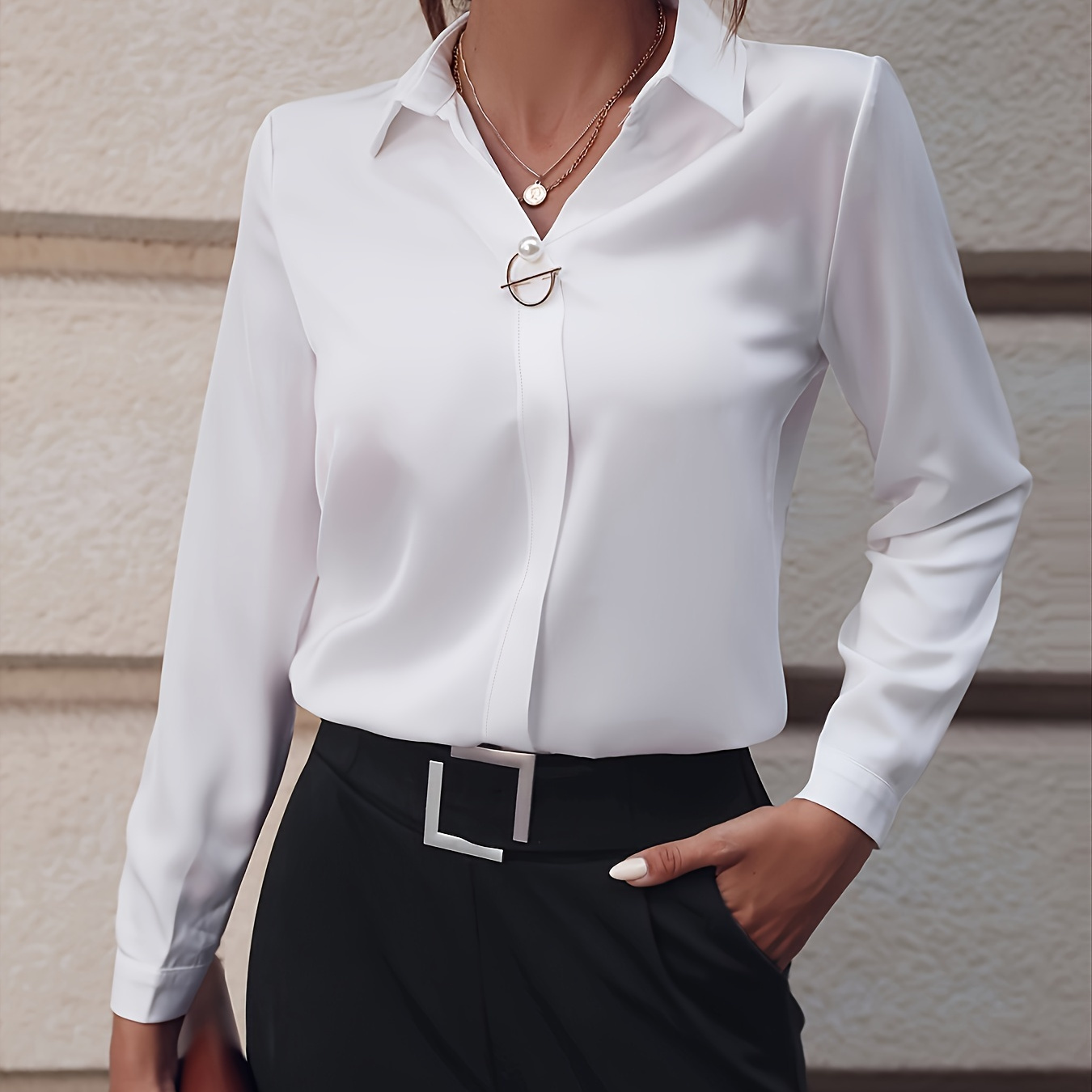 

Elegant Light Blue Long Sleeve Blouse For Women - Chic Solid Color With Pearl Button Detail, Casual Top, Polyester, Machine Washable