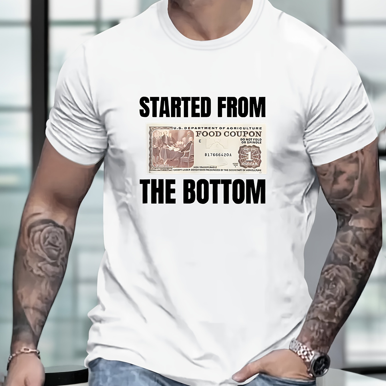 

Start From The Bottom And Ticket Graphic Print, Men's Casual Fit T-shirt, Cool Tee Top Clothes For Men For Summer For Everyday Activities