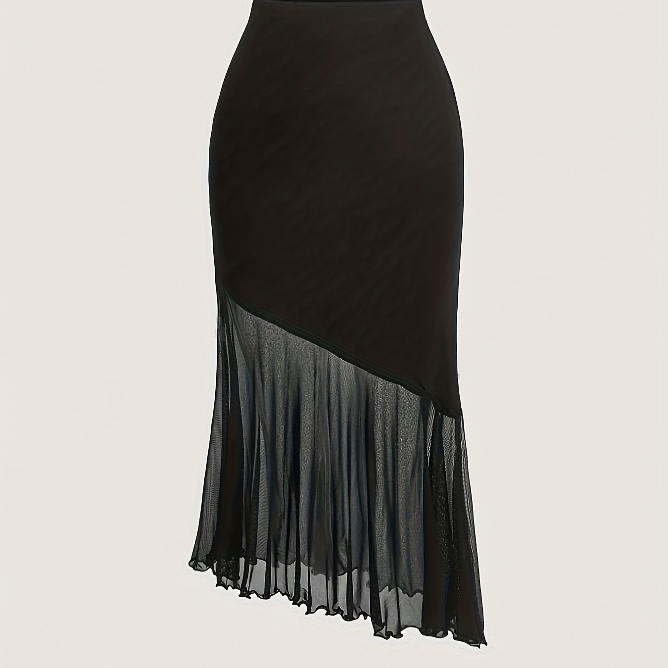 

Contrast Mesh Lettuce Hem Skirt, Casual Solid High Waist Asymmetrical Skirt For Spring & Summer, Women's Clothing