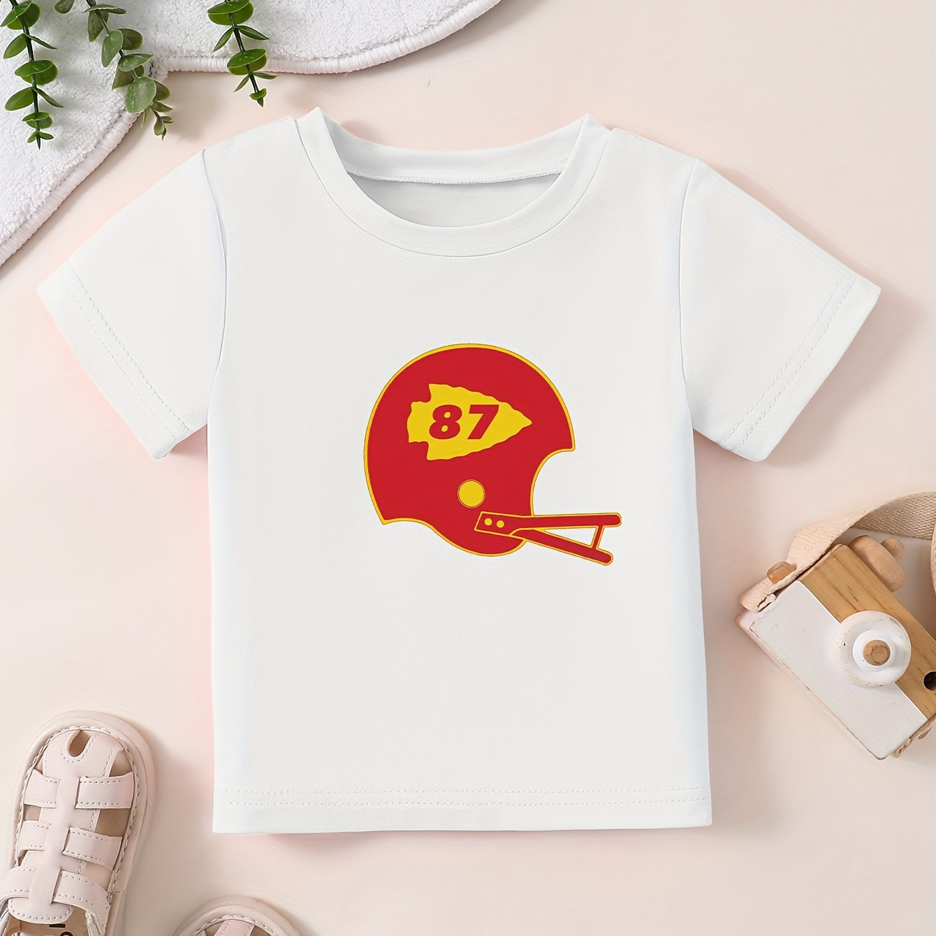 

Football Helmet Graphic Print T-shirt, Creative Short Sleeve Crew Neck Casual Daily Tops, Boy's Clothing