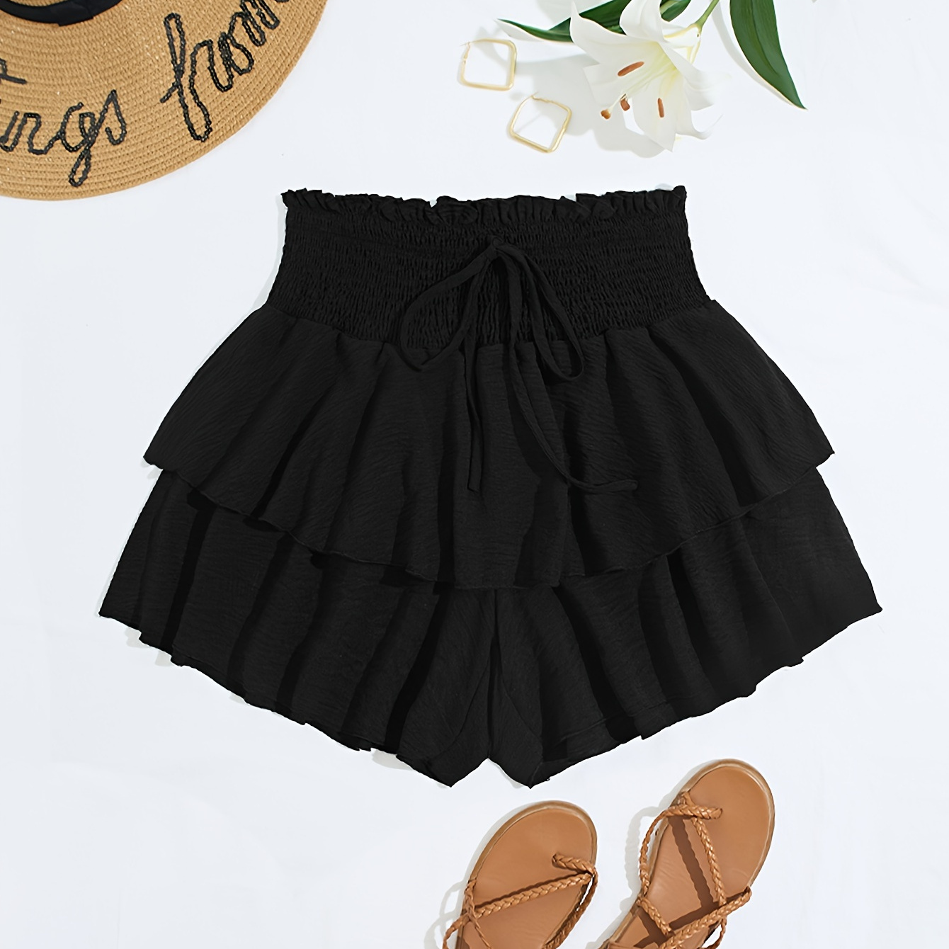 

Plus Size Solid Ruffle Trim Shorts, Casual Shirred Elastic Waist Shorts For Spring & Summer, Women's Plus Size Clothing