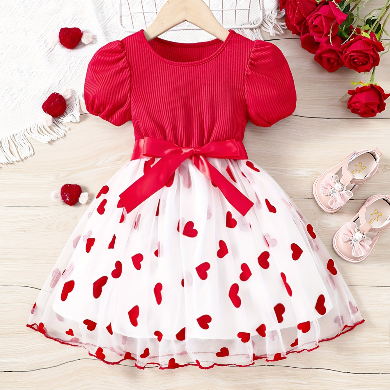 

Girls Splicing Heart Graphic Puff Short Sleeve Tutu Dress Comfy Dresses Summer Clothes Valentine's Day