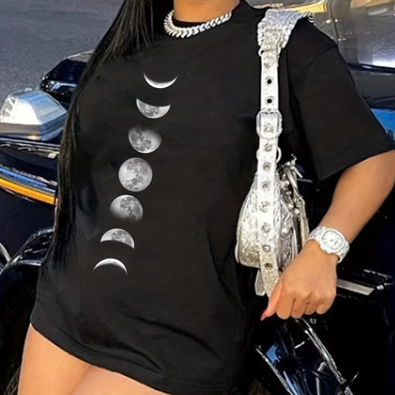 

Plus Size Casual T-shirt, Women's Plus Moon Print Short Sleeve Round Neck Slight Stretch T-shirt