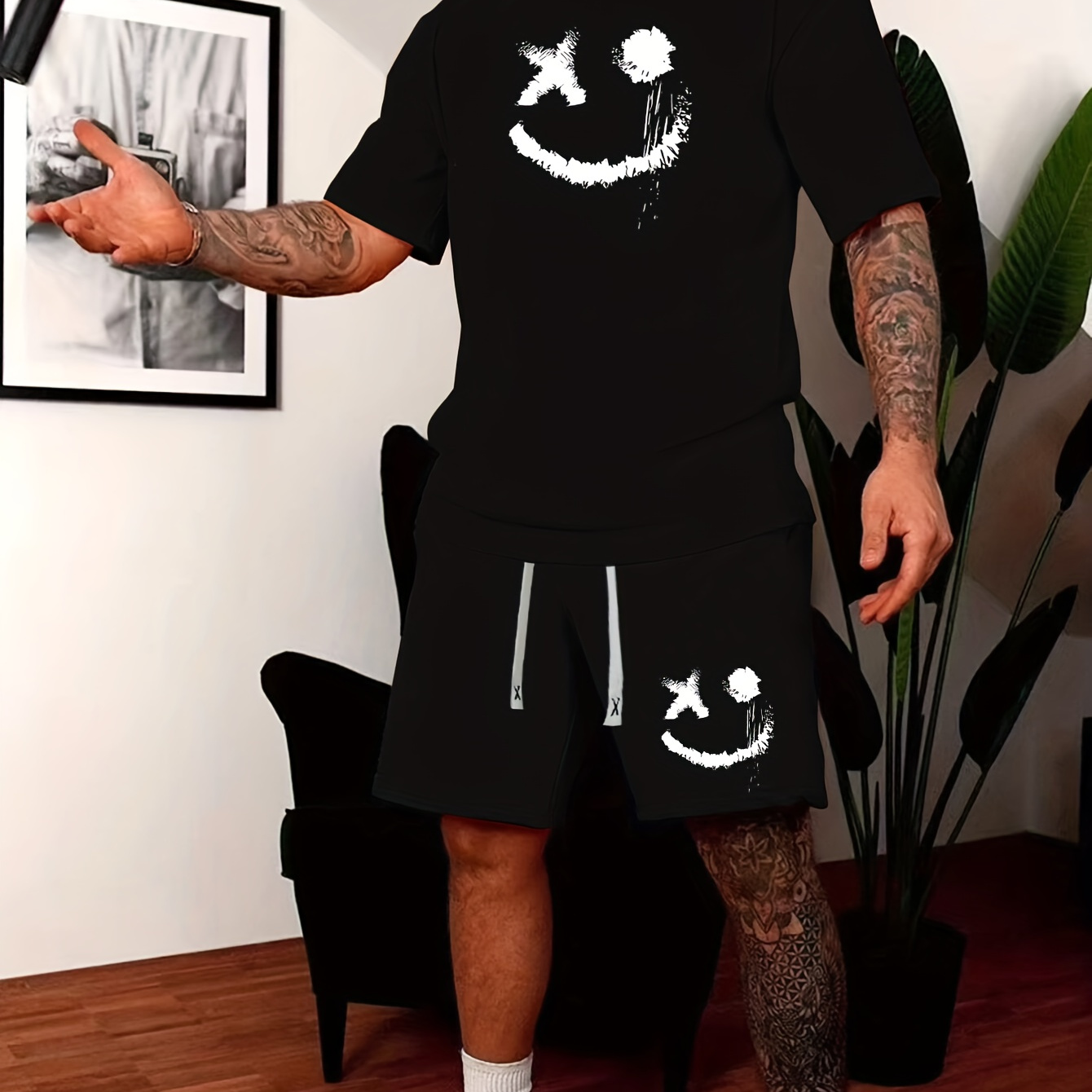 

Funny Print Men's 2pcs Trendy Outfits Casual Loose Crew Neck Short Sleeve T-shirt Top & Comfy Sports Drawstring Shorts For Workout Men's Clothing