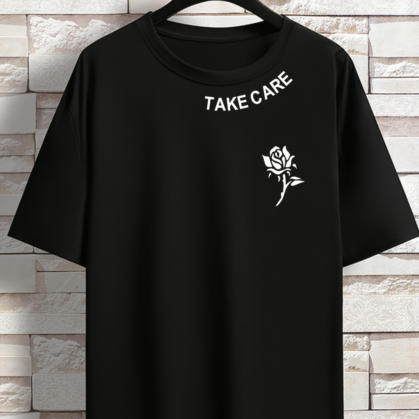 

Men's 'take Care' Rose Print Loose T-shirt, Oversized Short Sleeve Crew Neck Tops, Plus Size Casual Clothing For Spring Summer