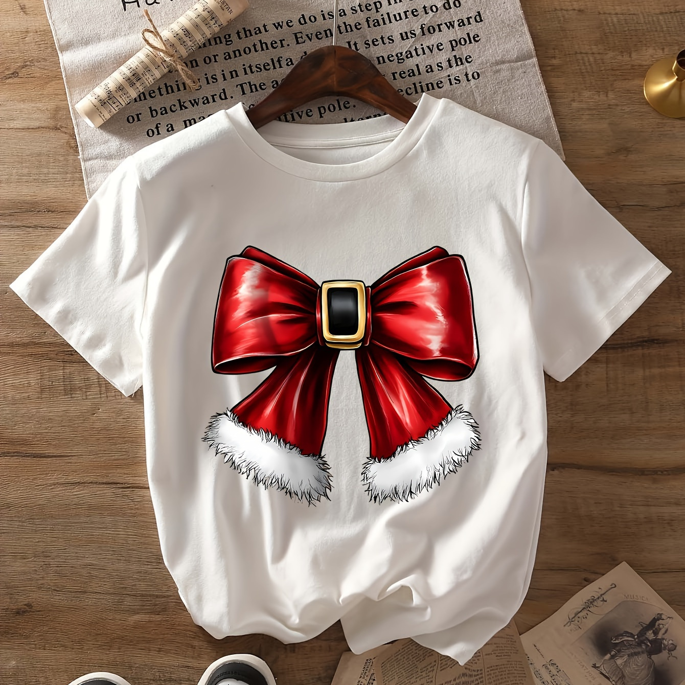 

Christmas Bow Graphic Print T-shirt For Women - Casual Polyester Knit Fabric, Round Neck, Short Sleeve, Regular Fit For Summer & Spring