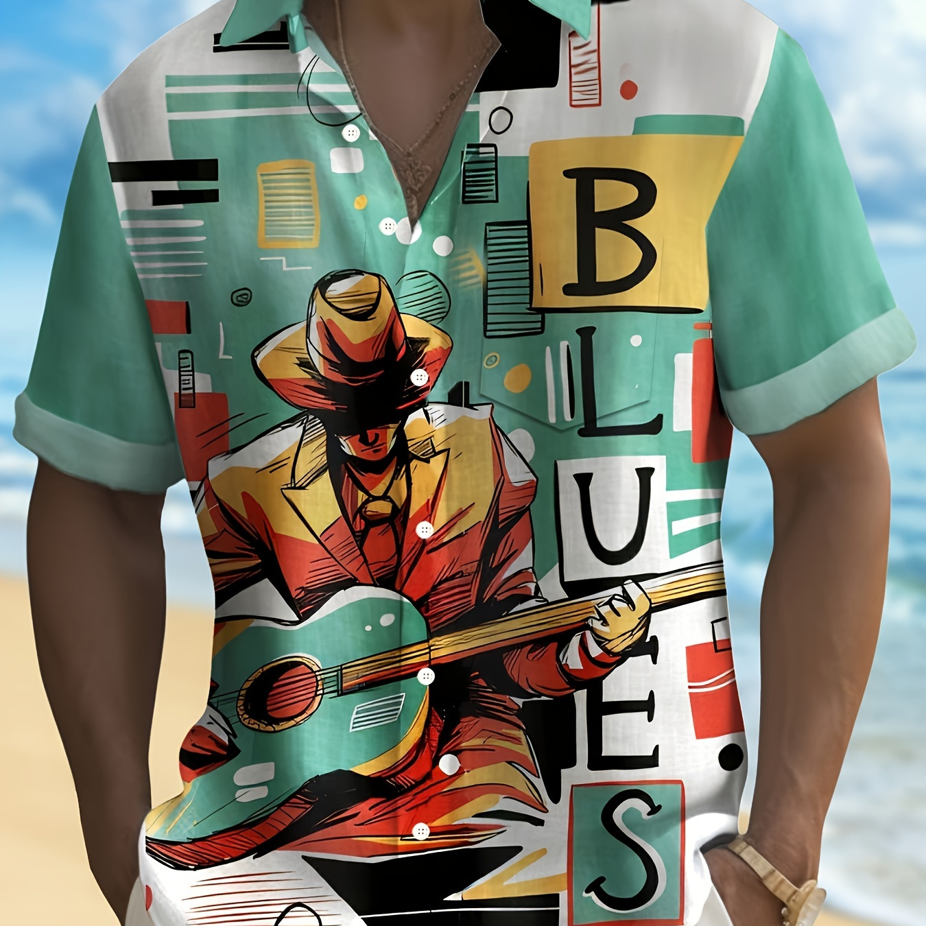 

Men's Casual Retro "blues" Print Short Sleeve Shirt, Men's Shirt For Summer Vacation Resort, Tops For Men