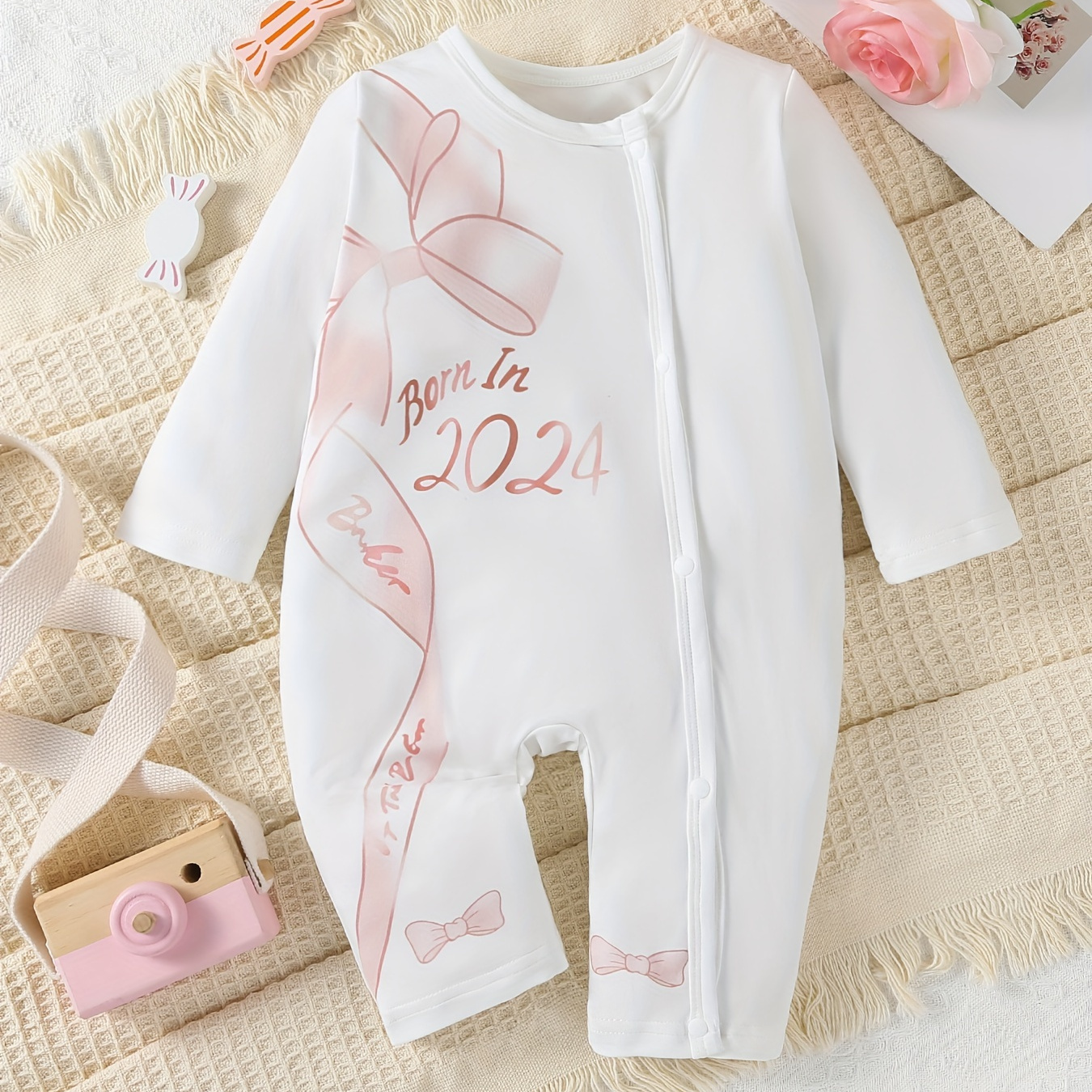 

Newborn Baby's "born In 2024" Bowknot Print Long Sleeve Romper, Toddler & Infant Girl's Bodysuit