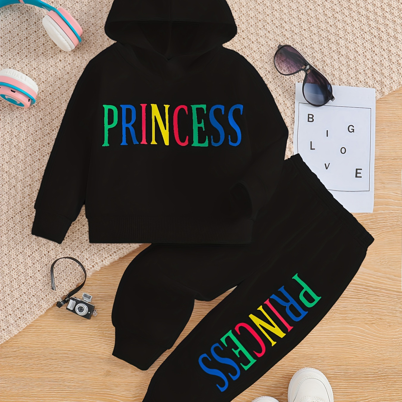 

Baby Girls Hooded Spring And Autumn Sweatshirt Pants Outfit, Kids Letter Print Sports Casual Set