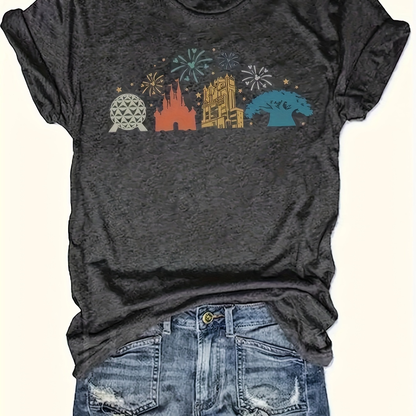 

Plus Size Castle Print T-shirt, Casual Crew Neck Short Sleeve T-shirt, Women's Plus Size clothing