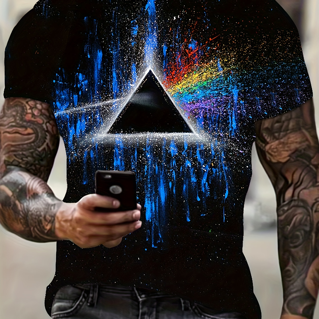 

Novelty Triangle Pattern 3d Printed Crew Neck Short Sleeve T-shirt For Men, Casual Summer T-shirt For Daily Wear And Vacation Resorts