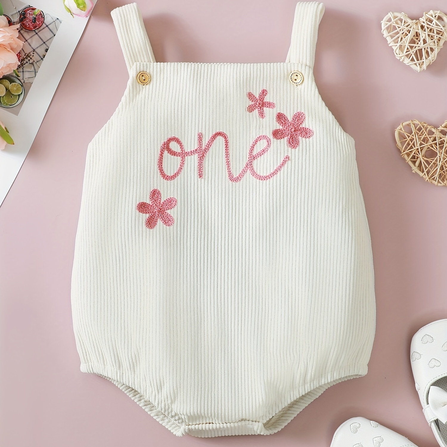 

Baby's "one" Embroidered Corduroy Triangle Bodysuit, Casual Romper, Toddler & Infant Girl's Onesie For Summer, As First Birthday Gift