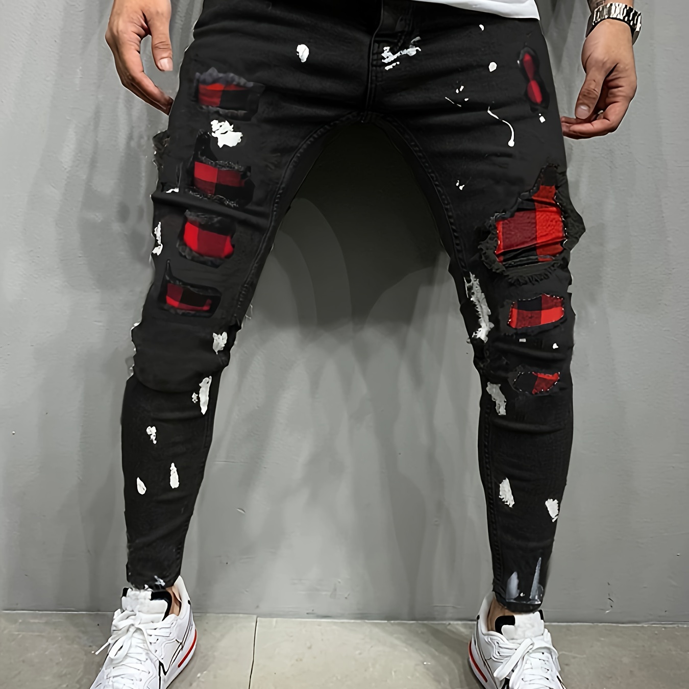 

Men's Skinny Ripped Jeans With Paint Splatter Design, Casual Distressed Slim Fit Denim Pants, Street Style