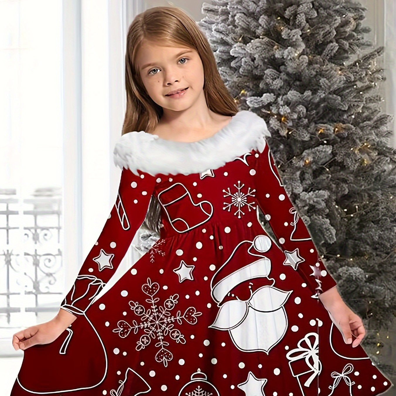 

Elegant Girls Santa Graphic Long Sleeve Dress Christmas Gift For Spring Fall Party