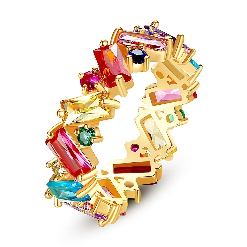 

Colorful Dainty Cubic Zirconia Rainbow Square Zircon Statement Ring For Women