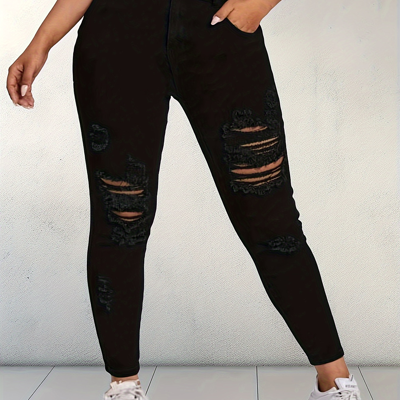 

Elegant , Women's Solid Button Fly High Waist Ripped Skinny Jeans With Pocket