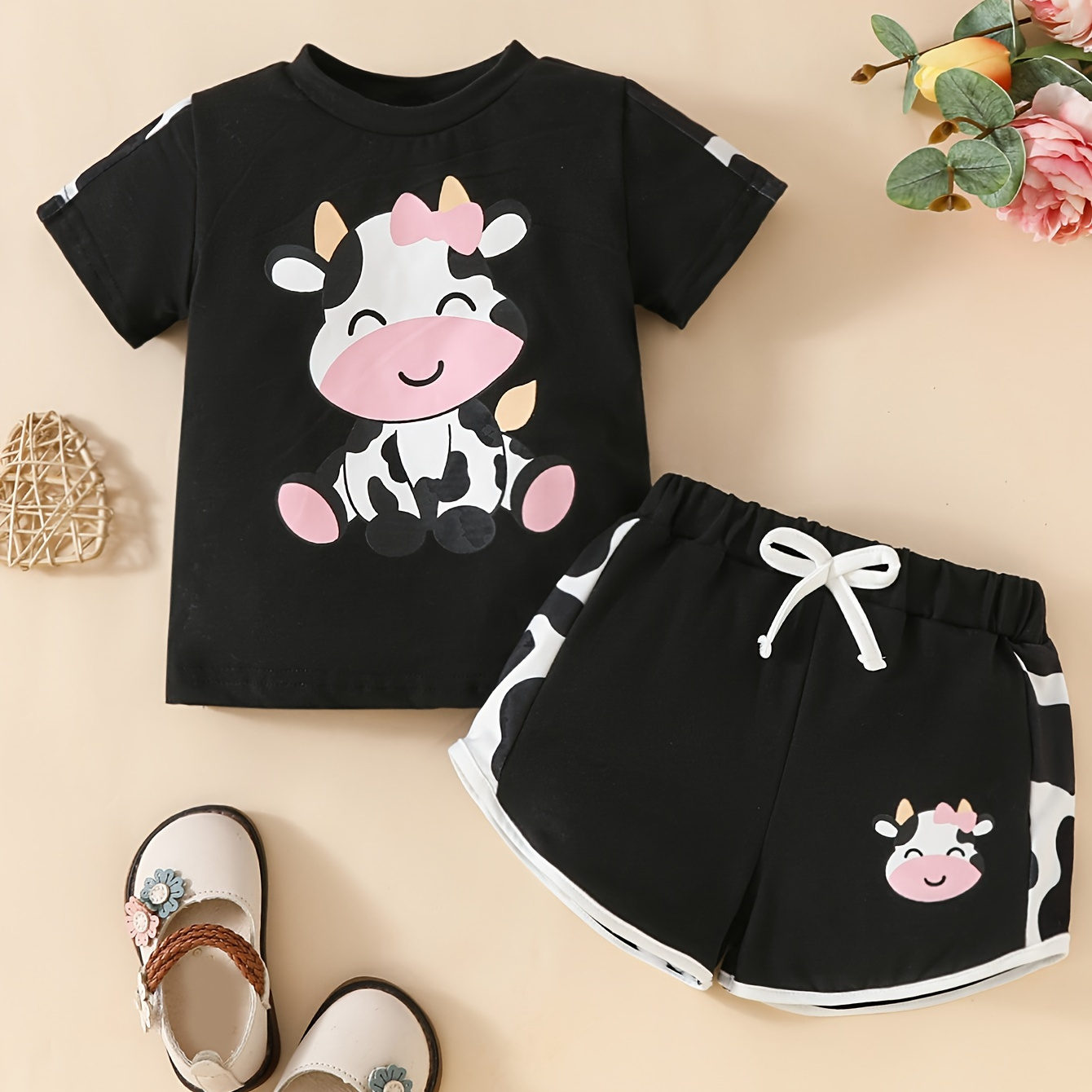 

Baby's Cartoon Happy Cow Print 2pcs Summer Outfit, T-shirt & Sporty Style Shorts Set, Toddler & Infant Girl's Clothes For Daily/holiday, As Gift