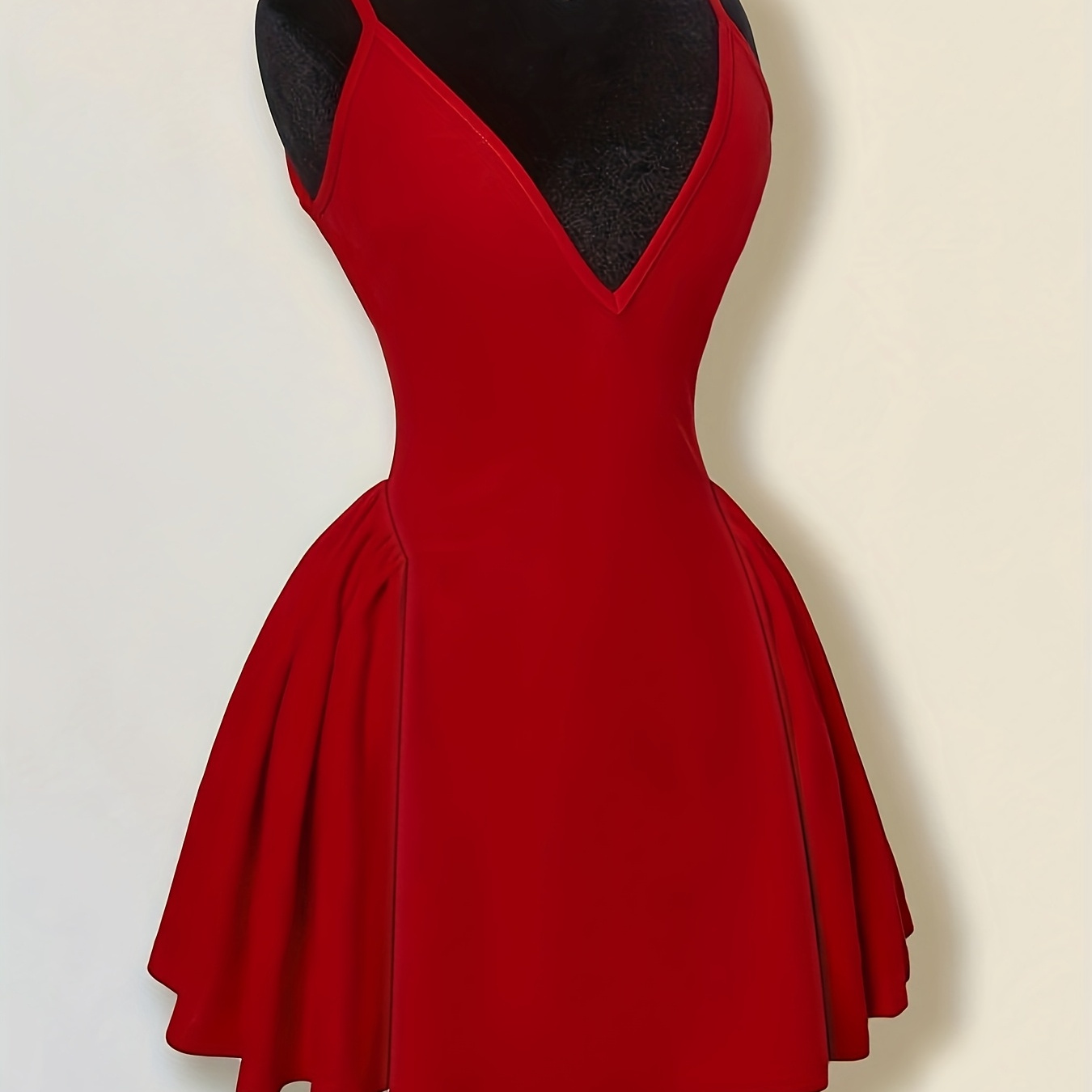 women's red v-neck bodycon mini dress - retro-inspired stretchy party dress  with ruched detailing, fitted top & flowy skirt for summer , machine  washable, dresses for party, evening wear, elegant strap detail -