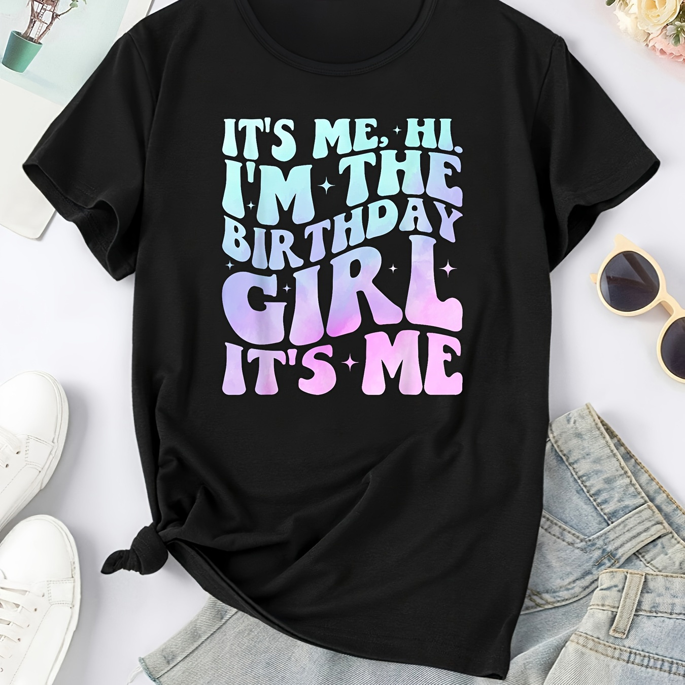 

Tt'sthe Birthday Gradient Letter Print Sports Tee, Short Sleeves Round Neck Casual Workout T-shirt Top, Women's Activewear