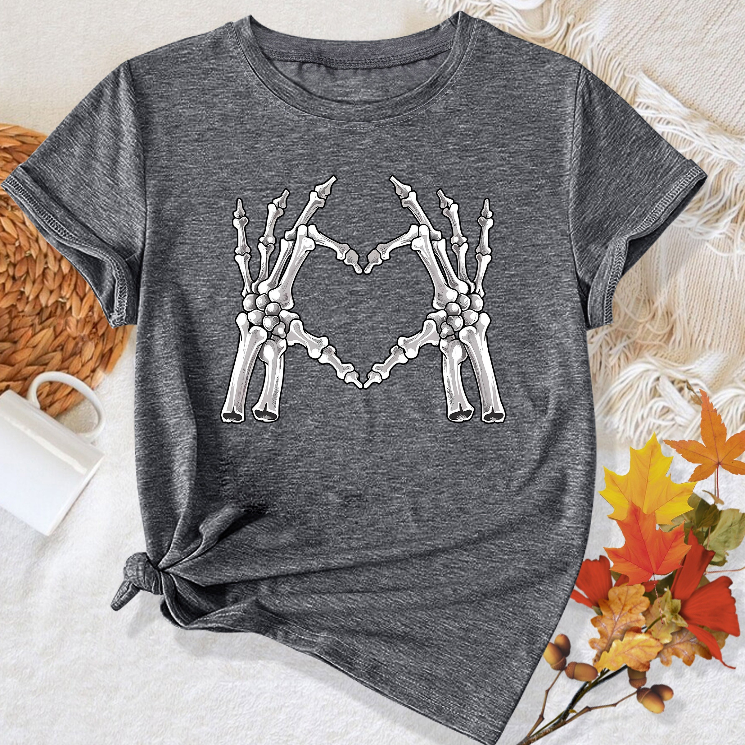 

1pc Women's Halloween Skeleton Gesture Heart Print Round Neck Casual Fashion T-shirt, Short Sleeve Polyester Knit Top For All