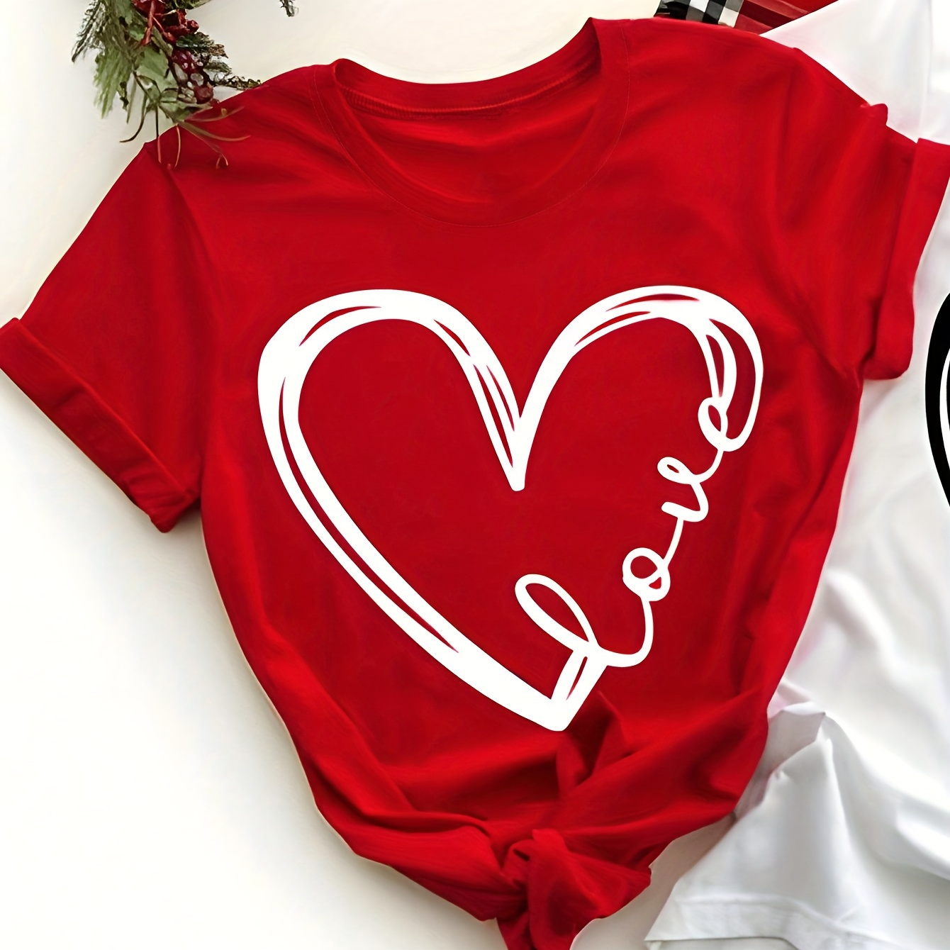 

Heart & Love Neck T-shirt, Short Sleeve Casual Top For , Women's Clothing