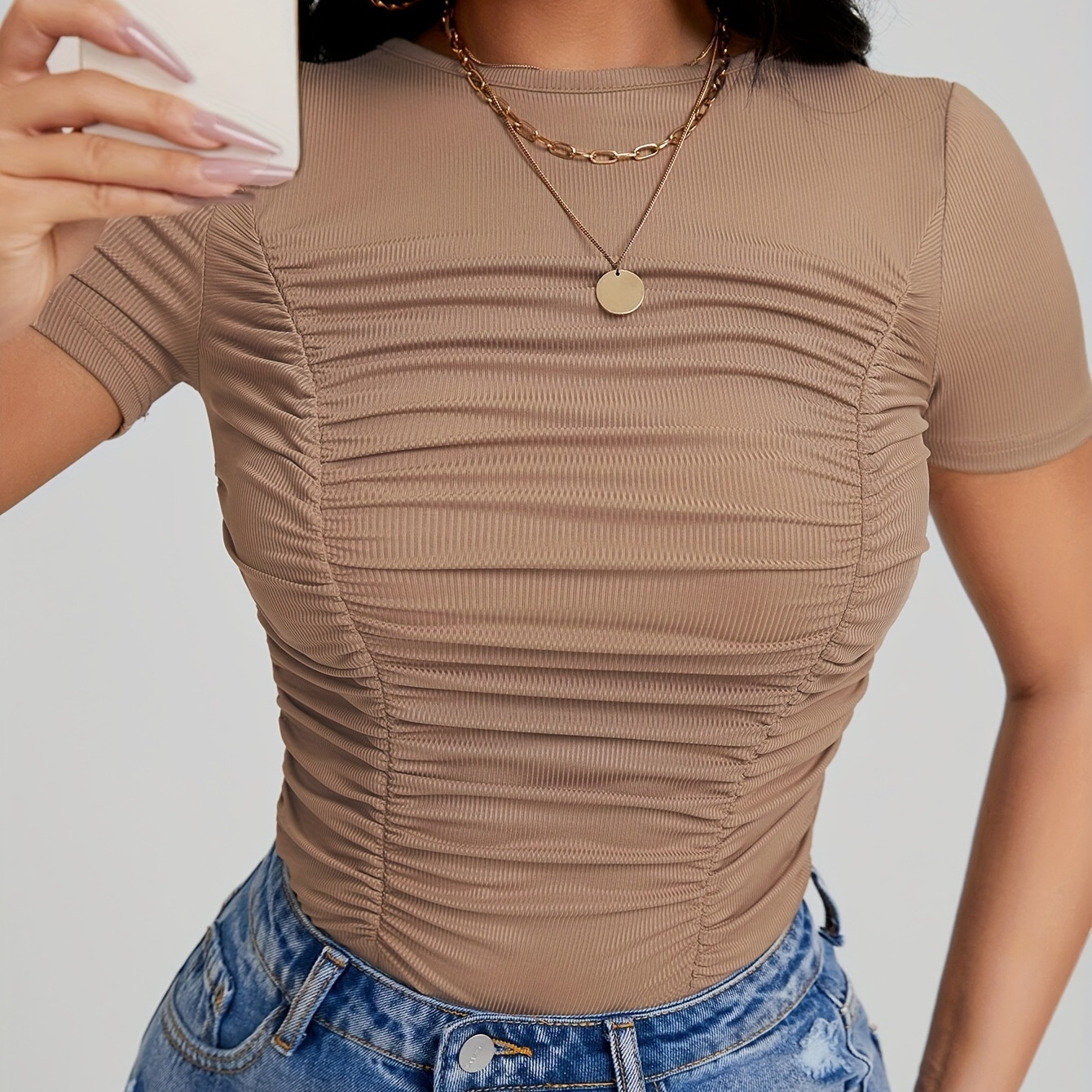 

Ruched Crew Neck T-shirt, Casual Short Sleeve Solid Top For Spring & Summer, Women's Clothing