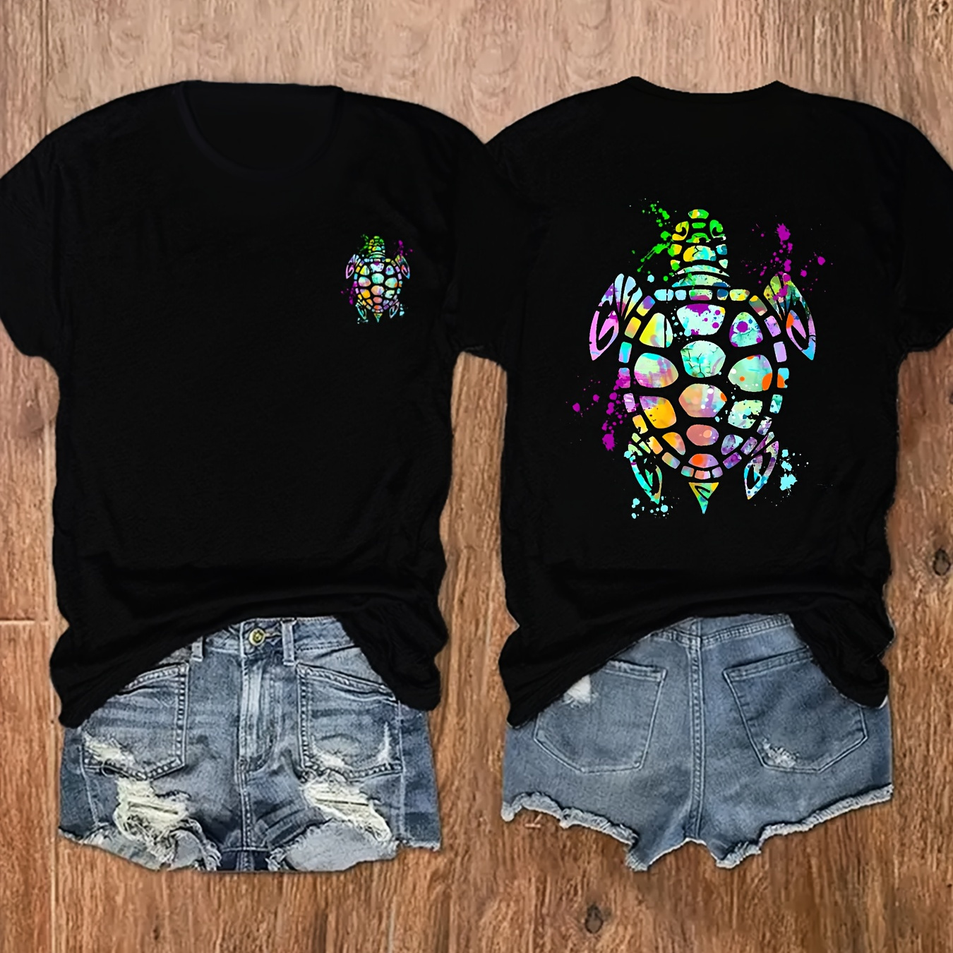 

Turtle Print Crew Neck T-shirt, Casual Short Sleeve Top For Spring & Summer, Women's Clothing