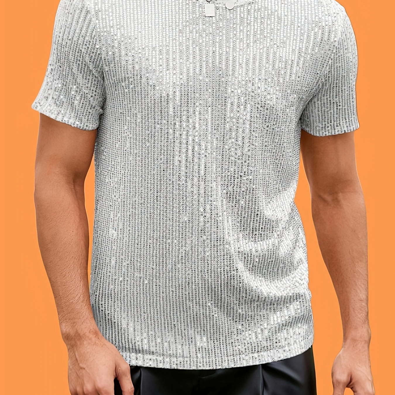 

Men's Silvery Grey Glitter Sequin Crew Neck T-shirt - Casual, Breathable Polyester Blend, Machine Washable, Short Sleeve, Leisure Style, Conventional Version