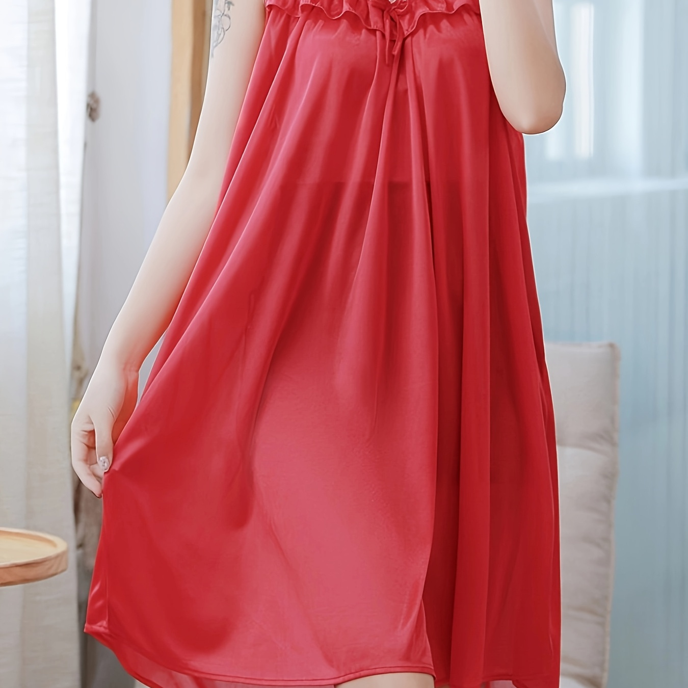 

Size Summer Nightgown - Neck Polyester Sleepshirt With Bow Detail, Solid Color, Woven Fabric, Stretch, Comfortable Adult Night Dress