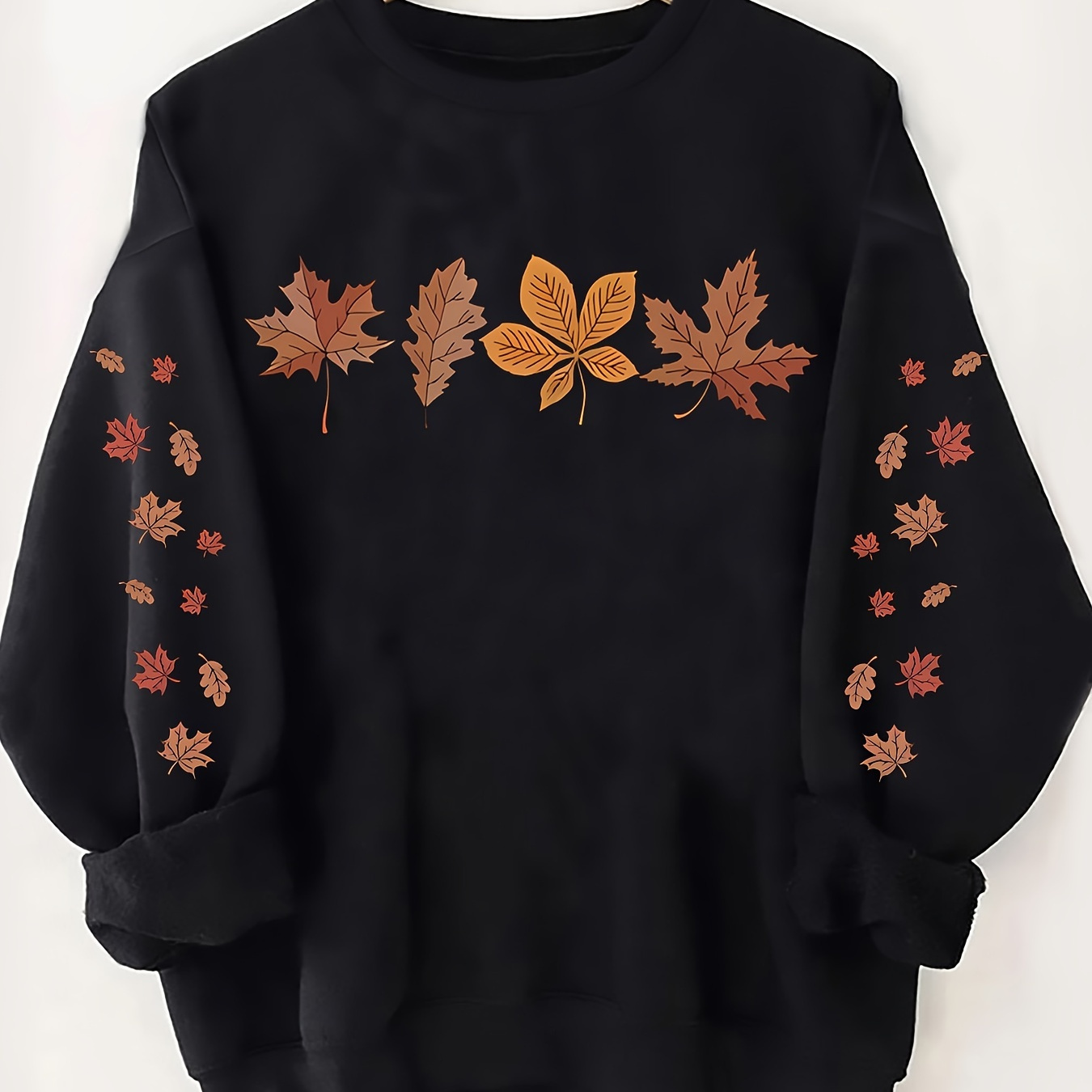 

Autumn Leaves Print Crew Neck Sweatshirt - 100% Polyester Casual Style, Geometric Pattern, Knit Fabric For Spring/fall