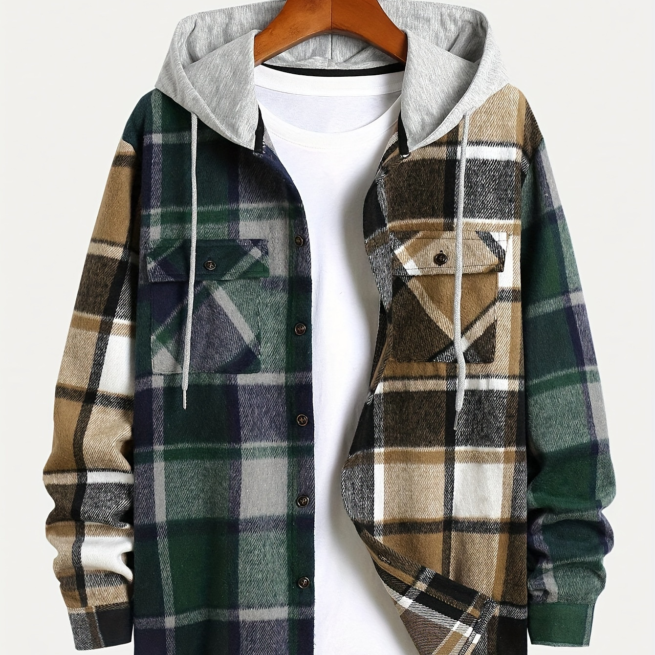 

Trendy Plaid Pattern Men's Long Sleeve Hooded Shirt With Pocket Design, Fall Winter Outdoor