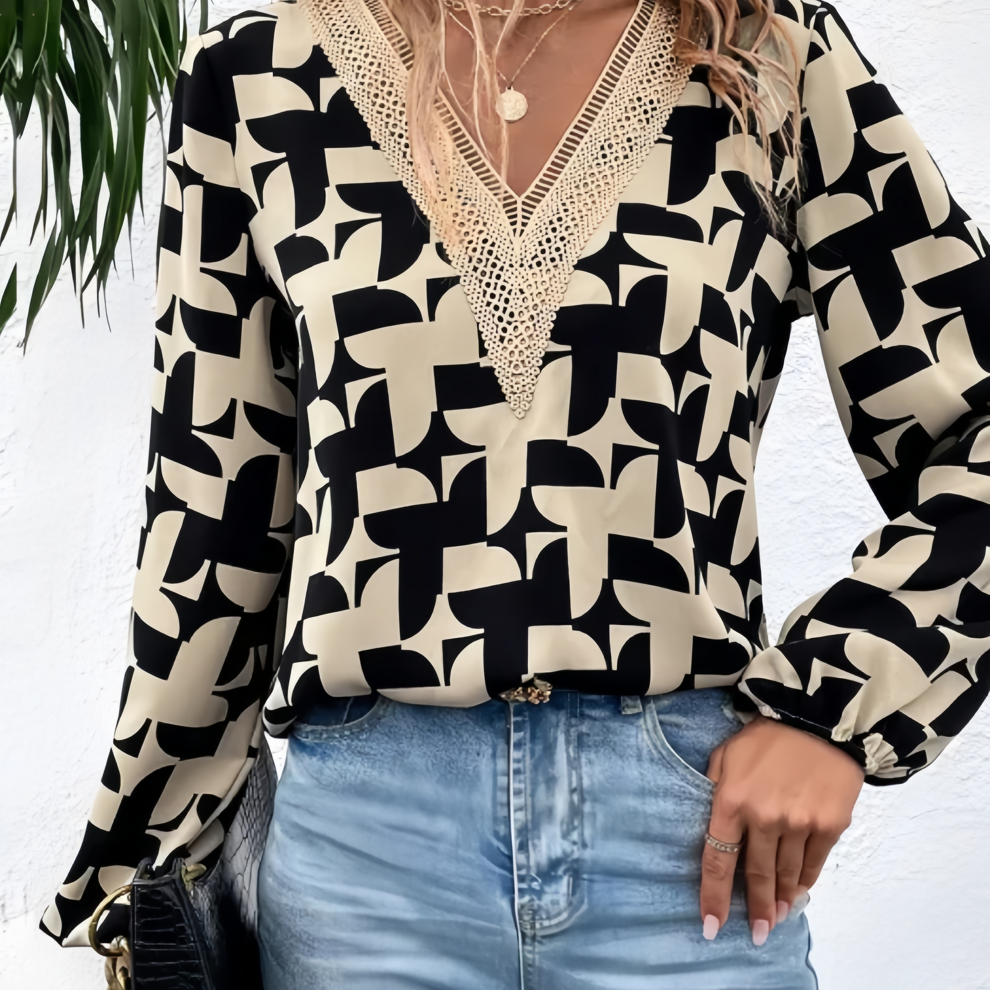 

Guipure Lace Geo Print Blouse, Elegant V Neck Long Sleeve Blouse, Women's Clothing