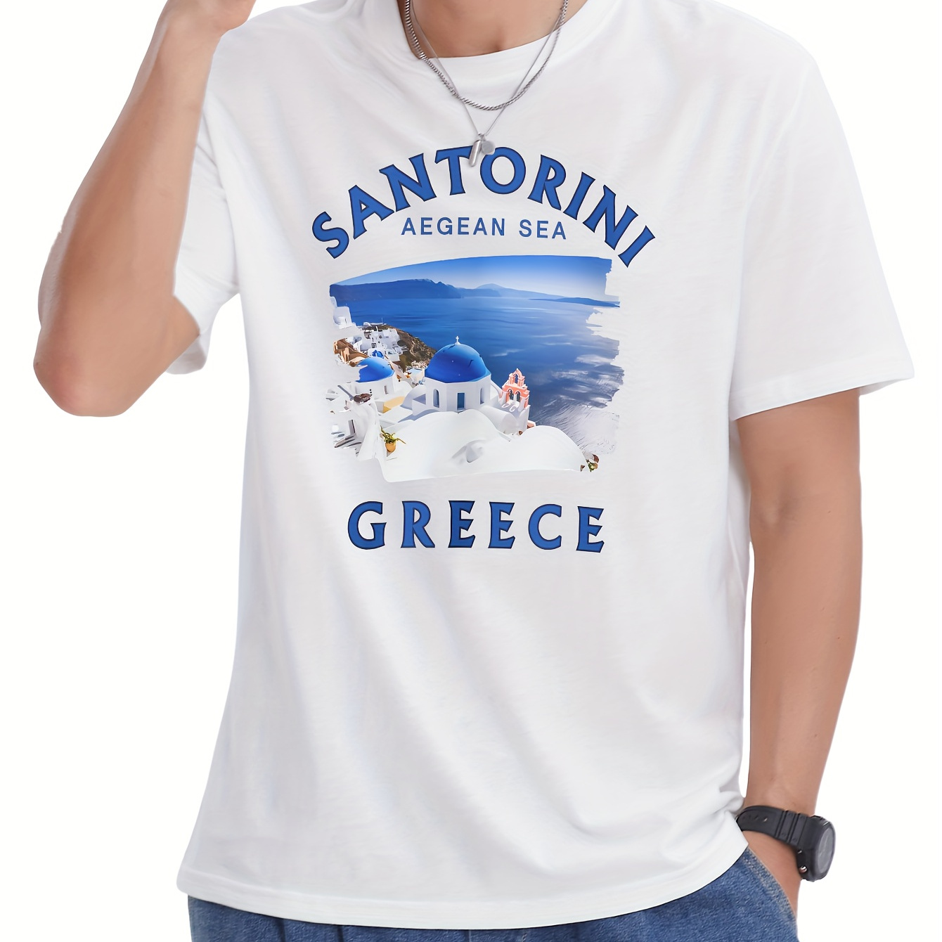 

Men's Aegean Sea Greece Printed Casual T-shirt - Soft Cotton, Crew Neck, Short Sleeve, Summer Fashion Top