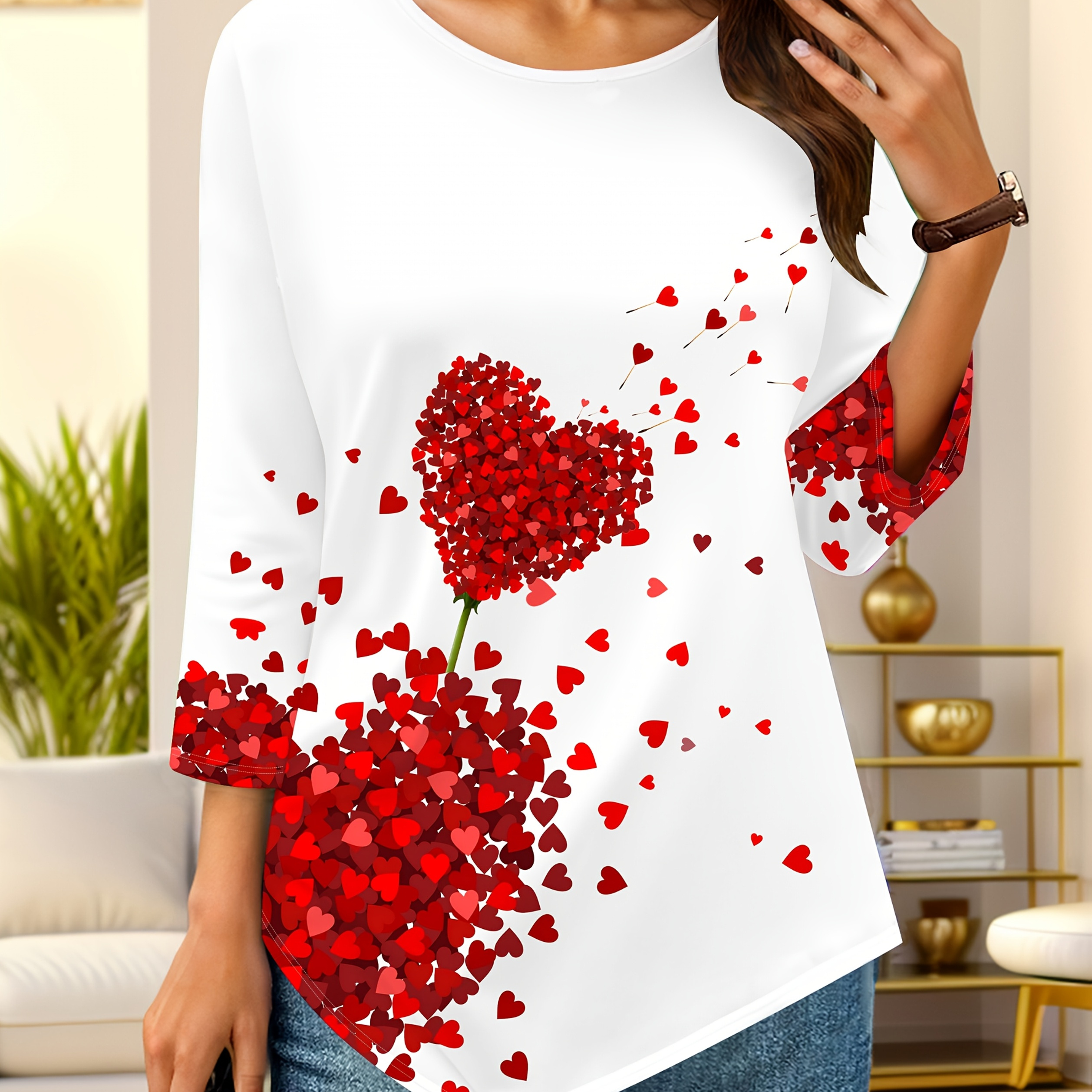 

Plus Size Elegant Heart Pattern 3d Print Asymmetrical /4 Sleeve Crew Neck T-shirt, Polyester & Spandex , Slight Stretch, Knit Fabric, For All