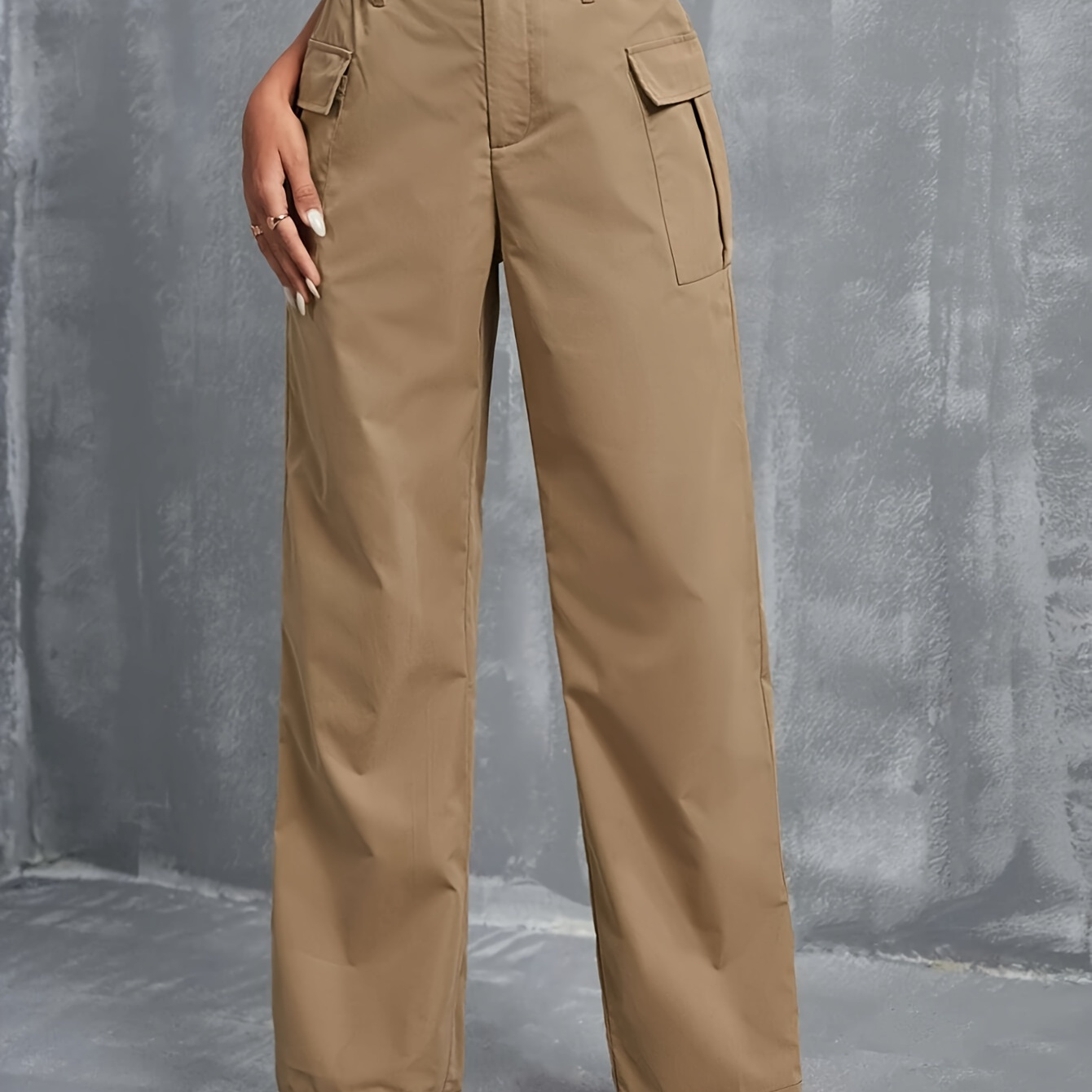 

Solid Color Flap Pockets Cargo Pants, Casual High Waist Straight Leg Loose Pants For Spring & Fall, Women's Clothing