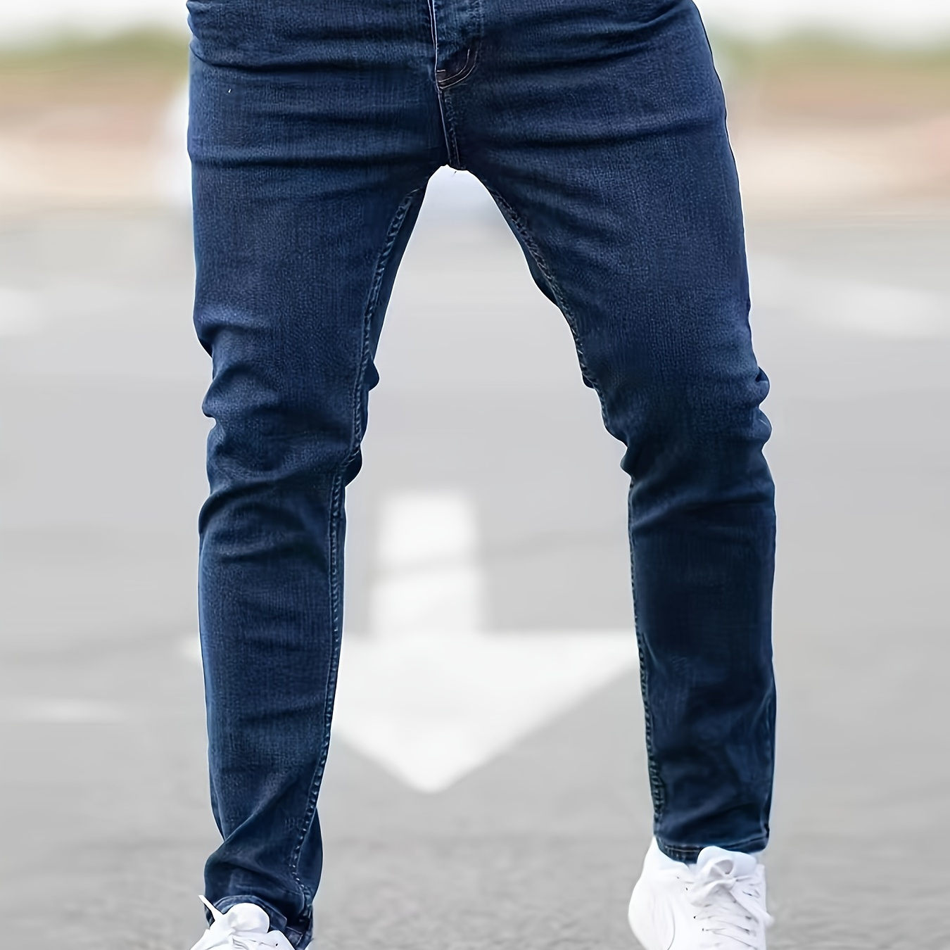 

Men's Solid Cotton Blend Slightly Stretch Jeans, Chic Street Style Slim Fit Bottoms For Men, All Seasons