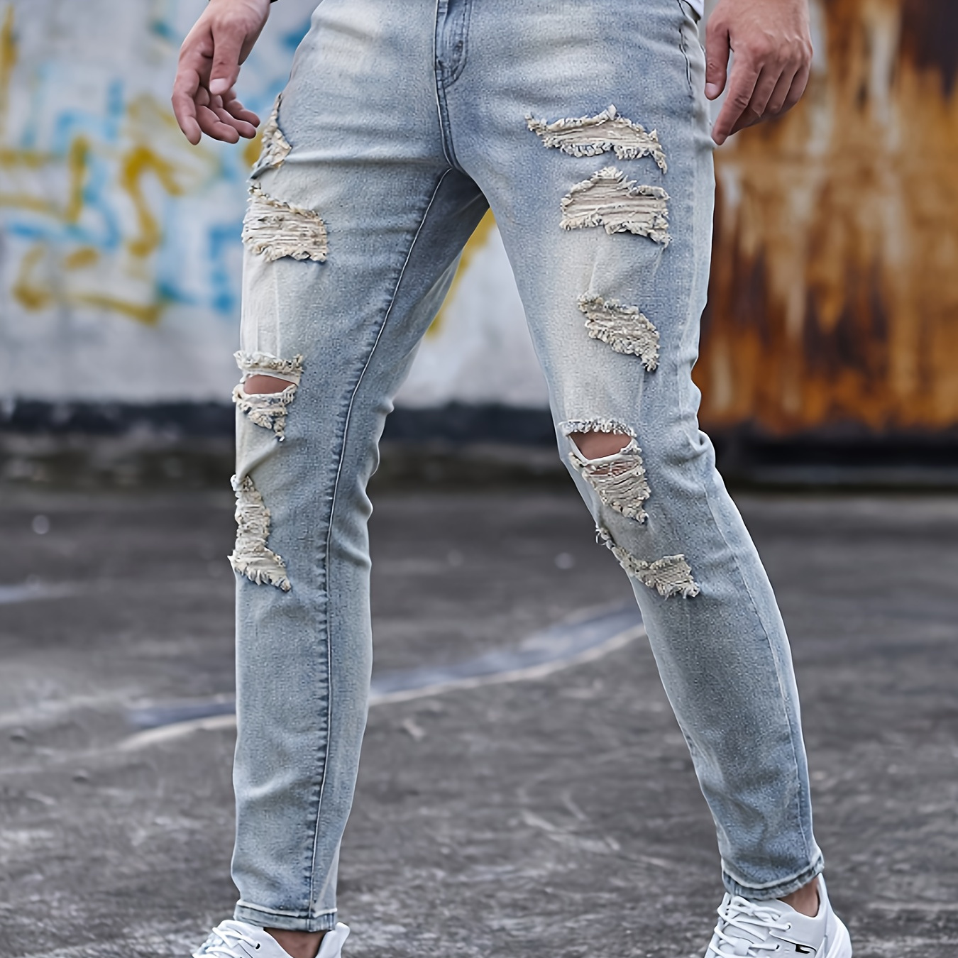 

Men's Slim Fit And Cuffed Denim Jeans With Ripped And Distressed Pieces, Chic And Stylish Jeans For Street Wear