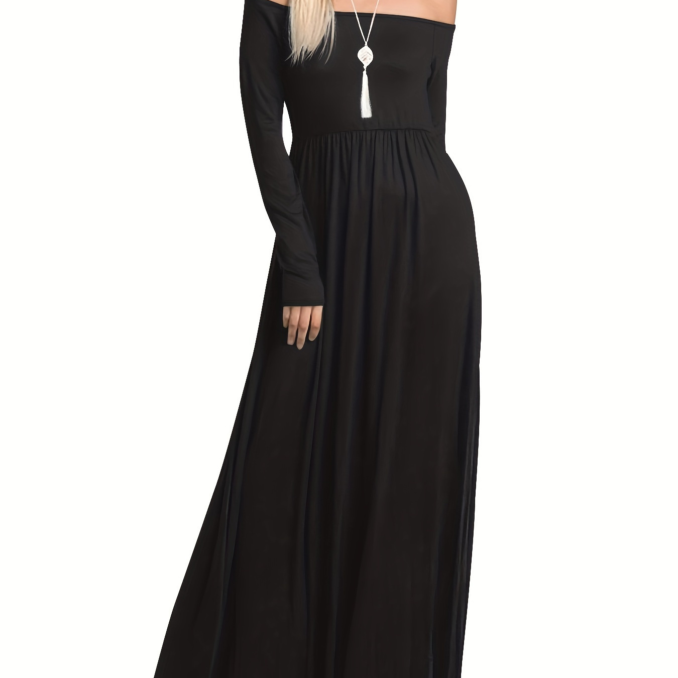 

Solid Color Off Shoulder Maxi Dress, Casual Long Sleeve Dress For Party, Women's Clothing