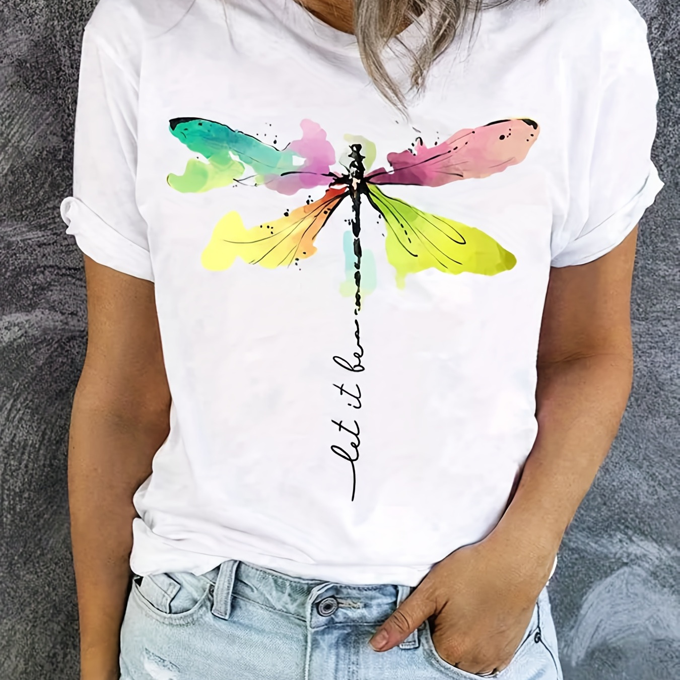

Dragonfly Print Crew Neck T-shirt, Casual Short Sleeve T-shirt For Spring & Summer, Women's Clothing