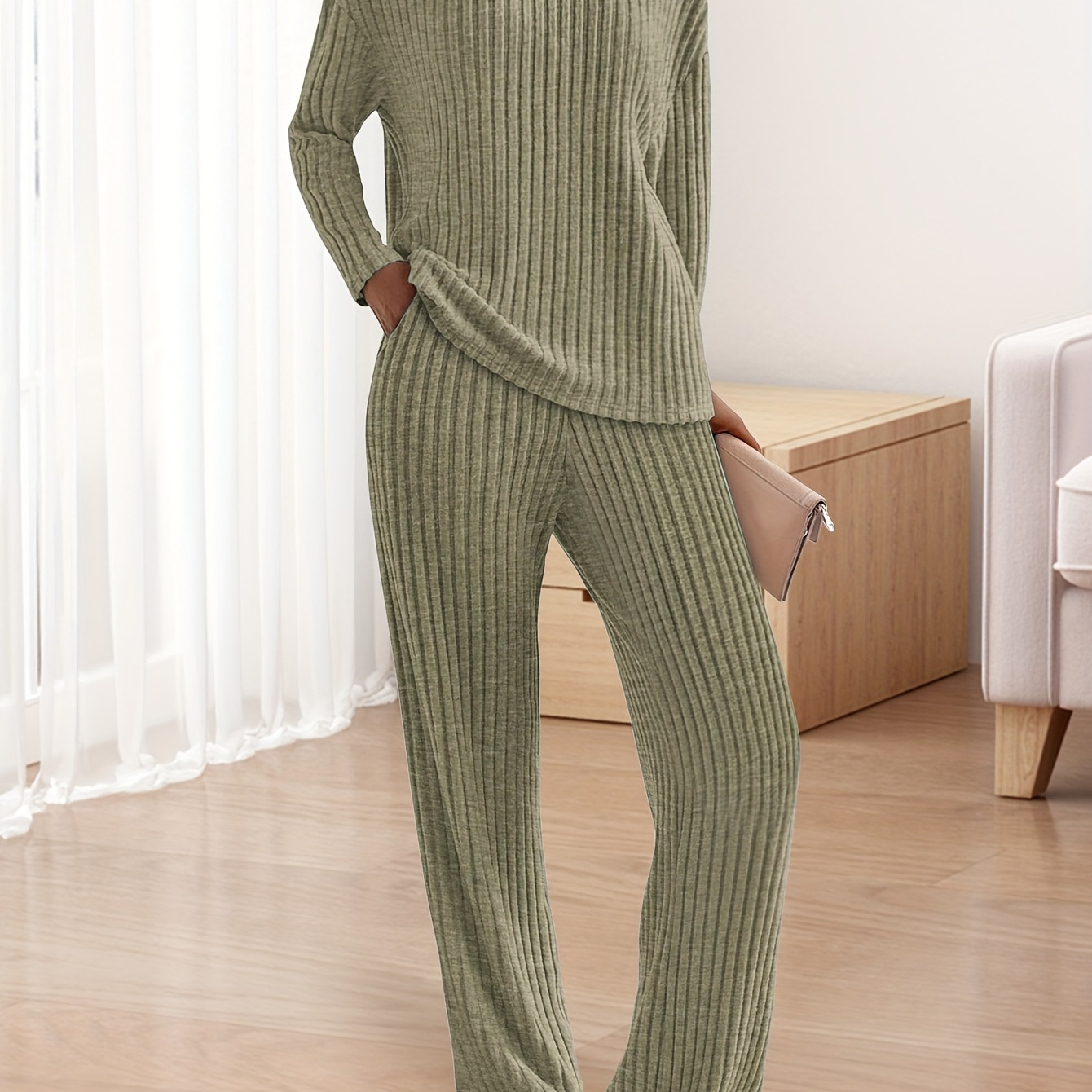 

Women's 2 Piece Lounge Sets Ribbed Knit Long Sleeve V Neck Pullover Tops Wide Leg Pants Outfits