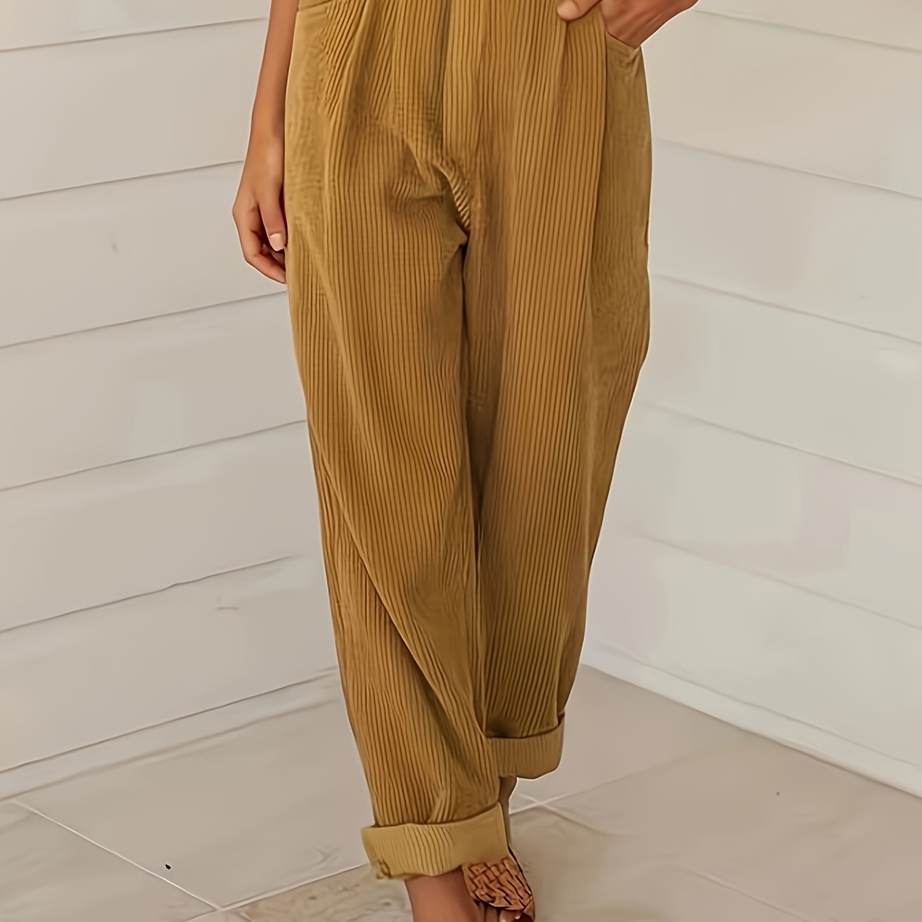 

Pantalon droit en velours de couleur unie, style décontracté, taille élastique, poches obliques, pantalon à rayures pour et l'été, vêtements pour femmes.