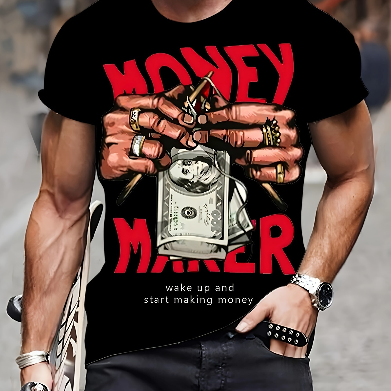 

Hands With Money Print Men's Crew Neck Fashionable Short Sleeve Sports T-shirt, Comfortable And , For Summer And Spring, Athletic Style, Fit T-shirt, As Gifts