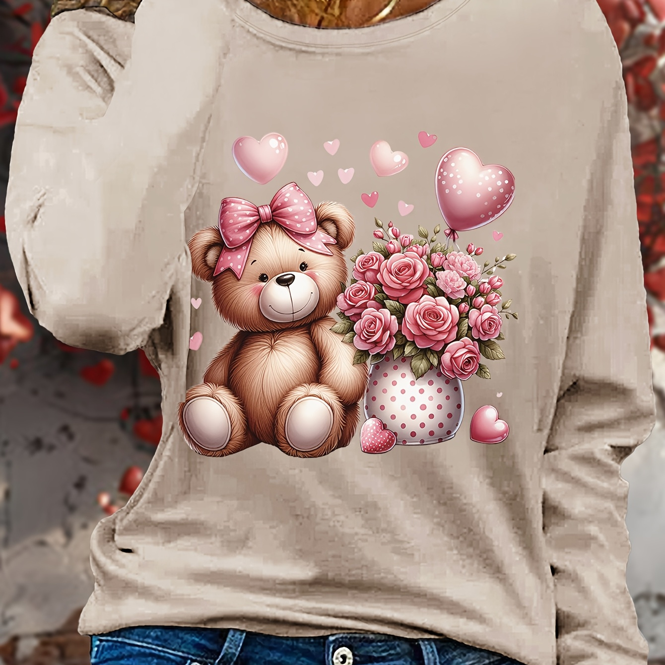 

1pc Women's Casual Crew Neck Long Sleeve T-shirt With Cute Teddy Bear And Floral Applique, Polyester Knit Fabric, Regular Fit Pullover For Fall - 1810