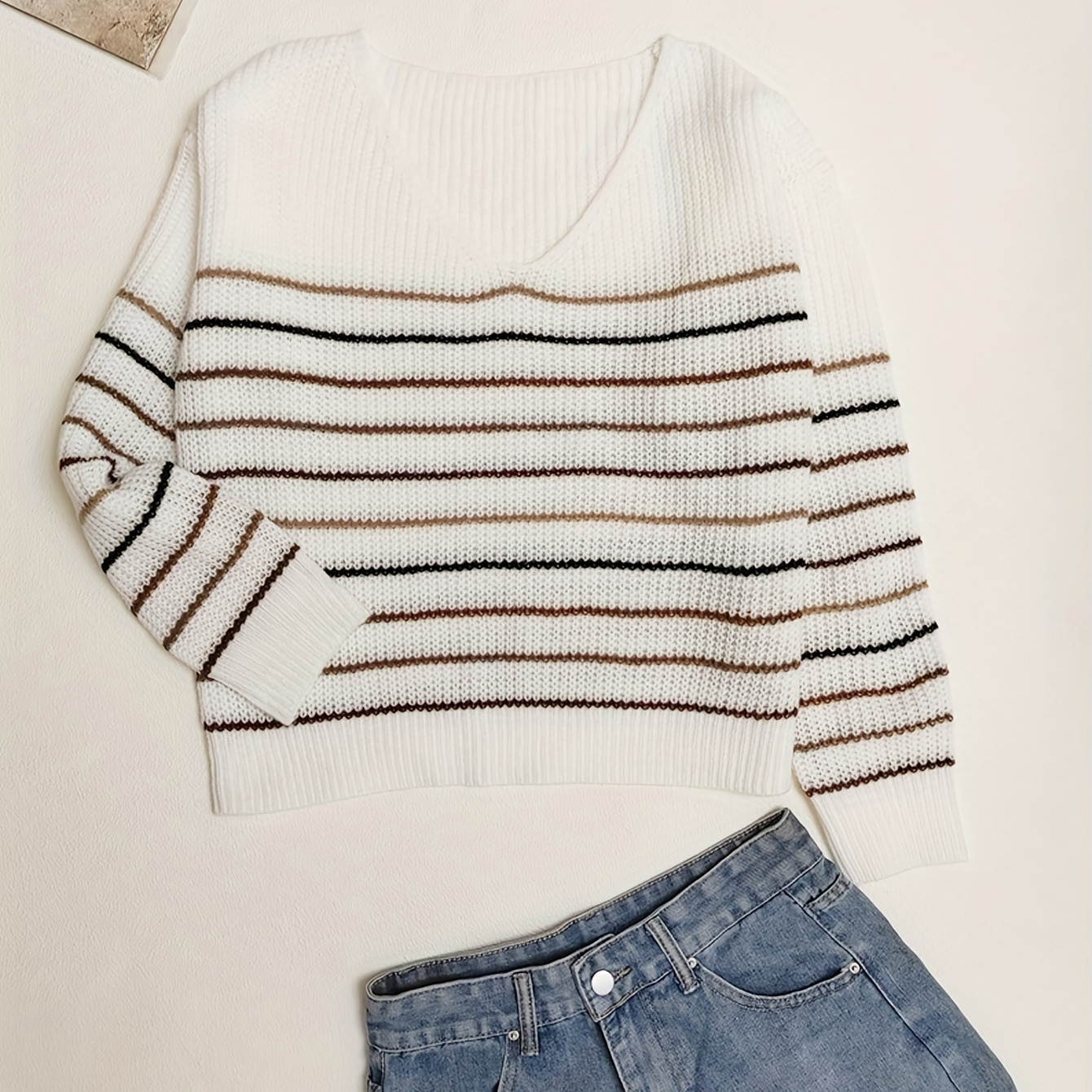 

Striped Print Knit Sweater, Casual V Neck Long Sleeve Sweater, Women's Clothing