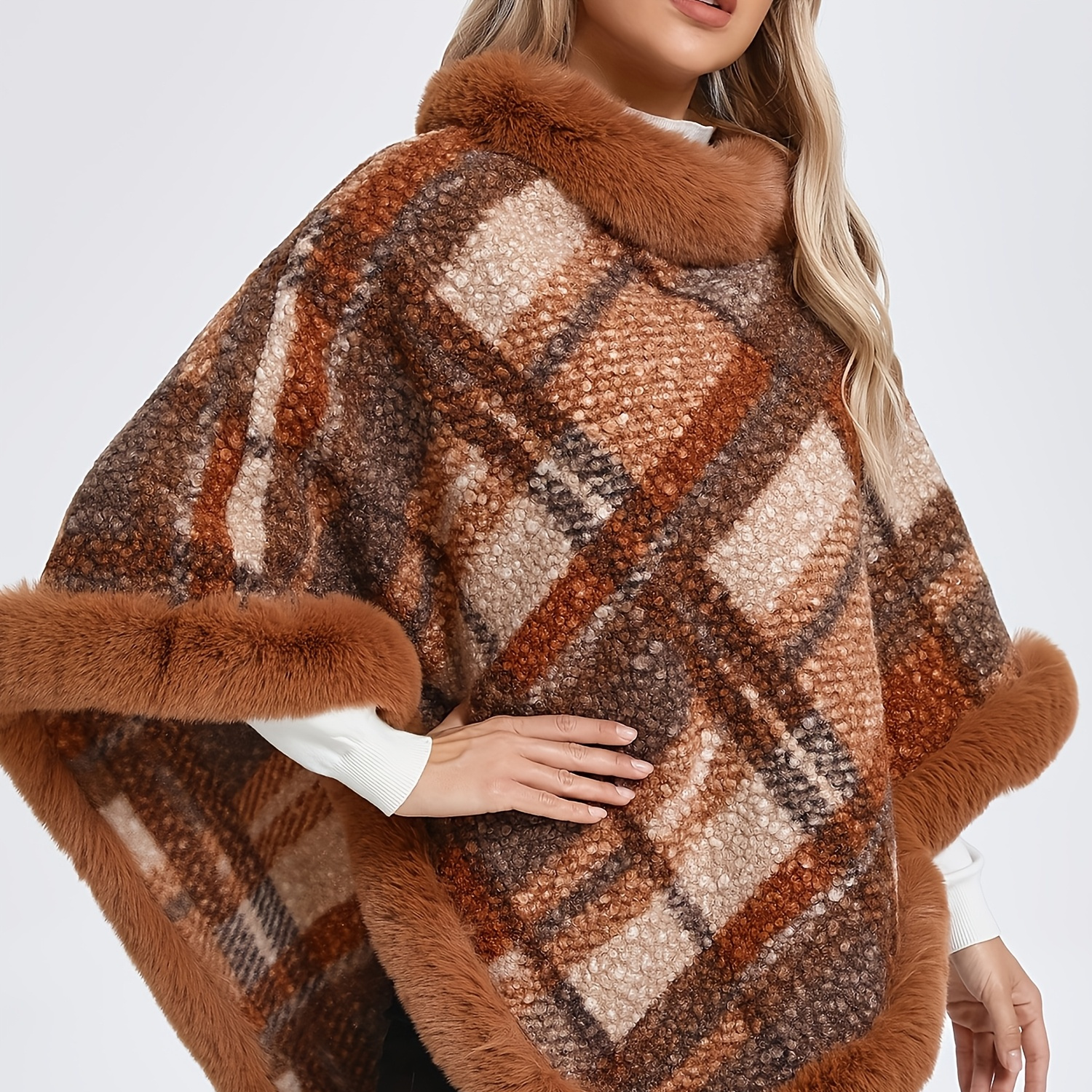 

Elegant Women's Knit Sweater With Fur Trim - Warm Pullover Shawl Cape, Stylish Autumn/winter Outerwear, Round Neck, Sleeveless