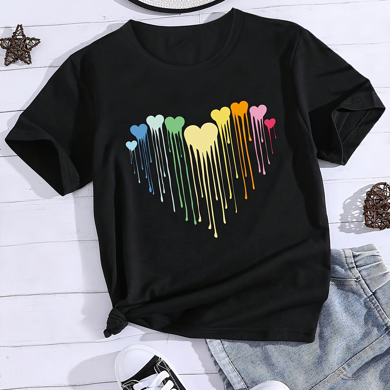 

Colorful Melting Hearts Graphic Print, Girls' Casual Crew Neck Short Sleeve T-shirt, Comfy Top Clothes For Spring And Summer For Outdoor Activities