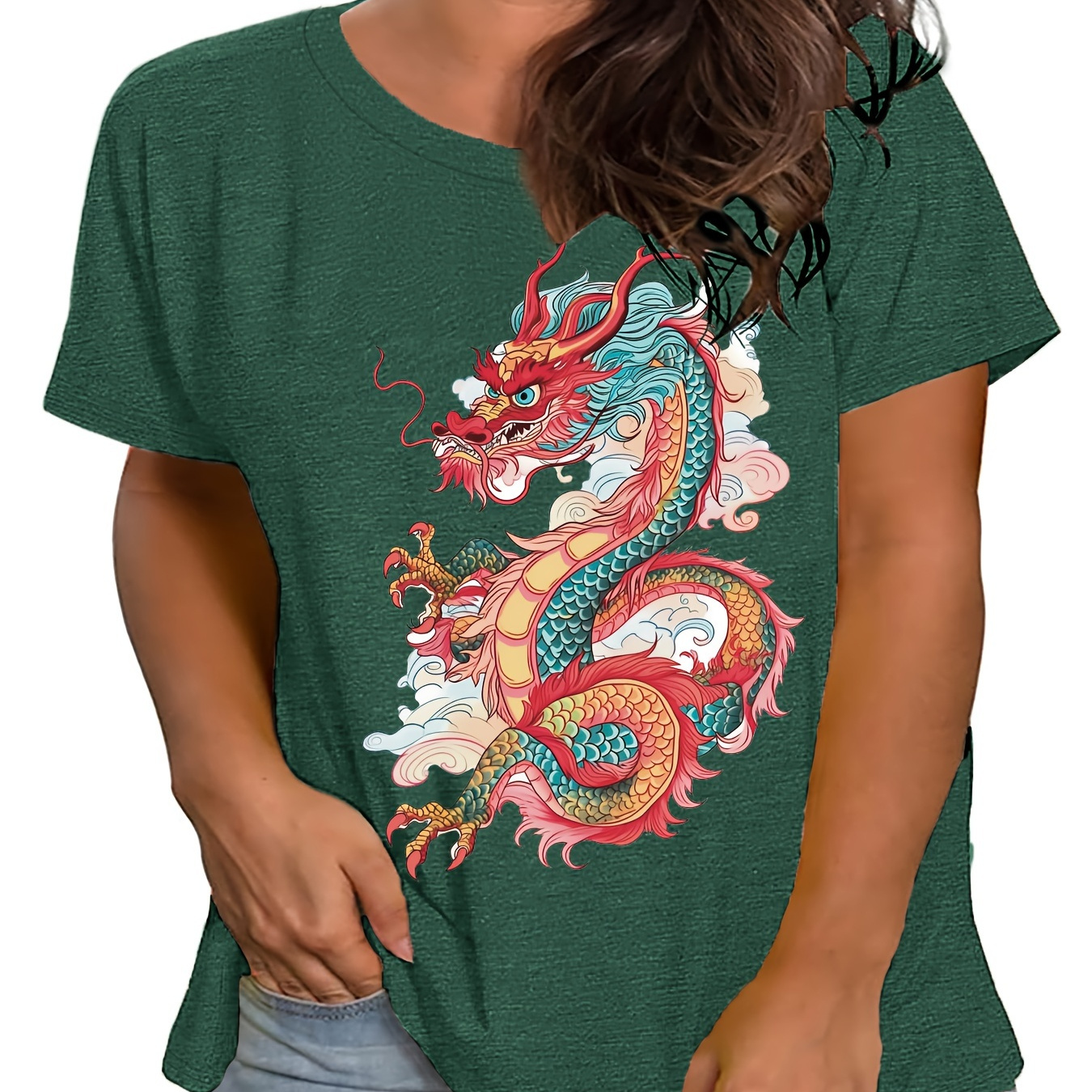 

Plus Size Dragon Print T-shirt, Casual Crew Neck Short Sleeve T-shirt, Women's Plus Size clothing