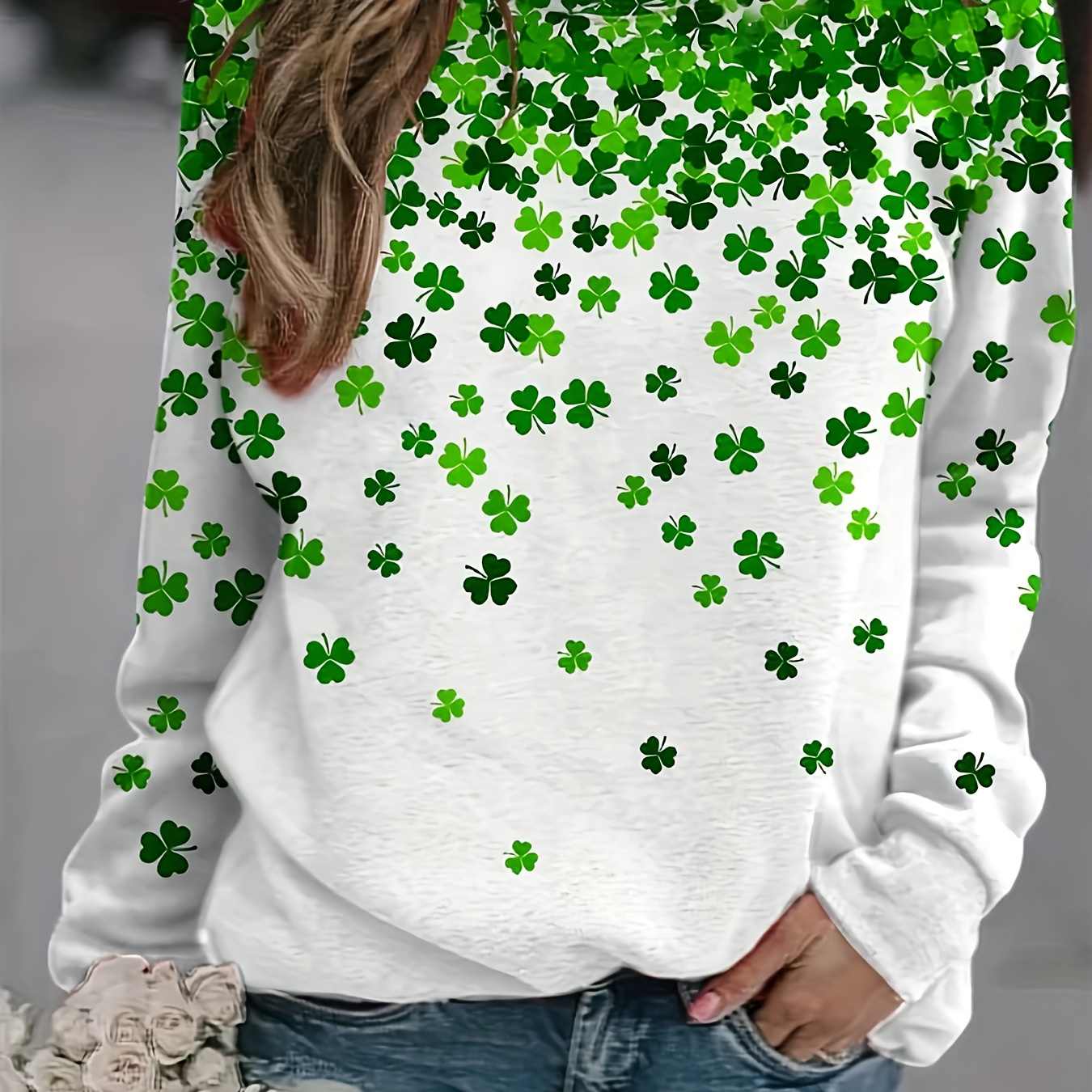 

Clover Print Crew Neck T-shirt, Casual Long Sleeve Top For Spring & Fall, Women's Clothing